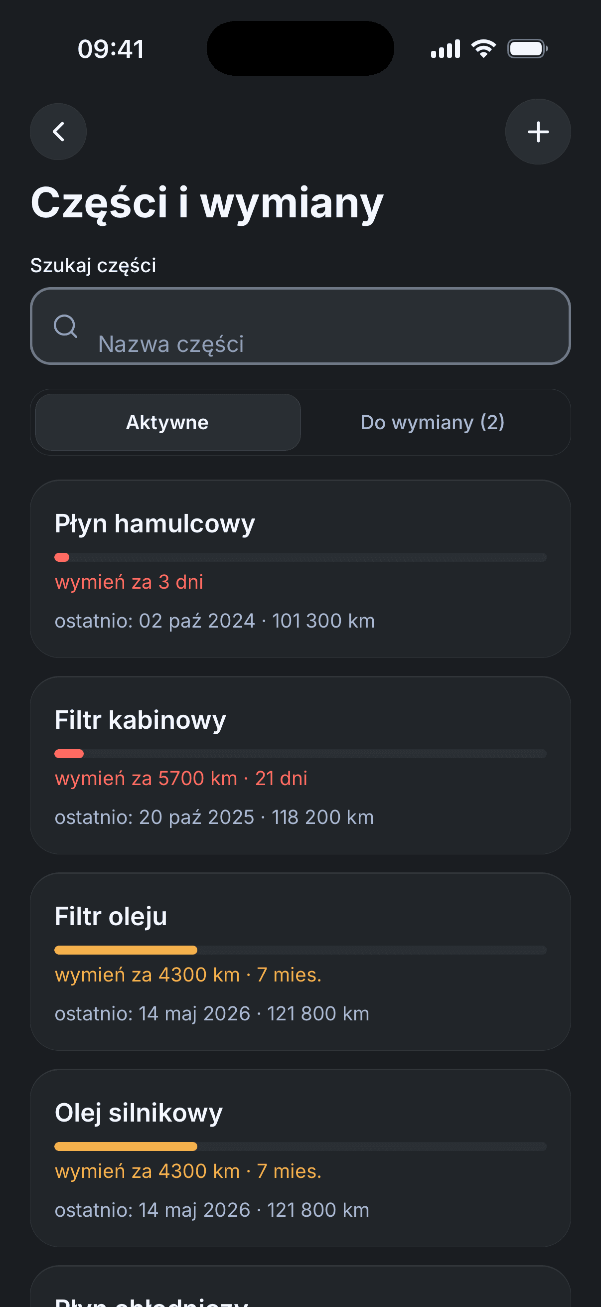 Części i wymiany: pasek życia każdej części z terminem wymiany w kilometrach i czasie