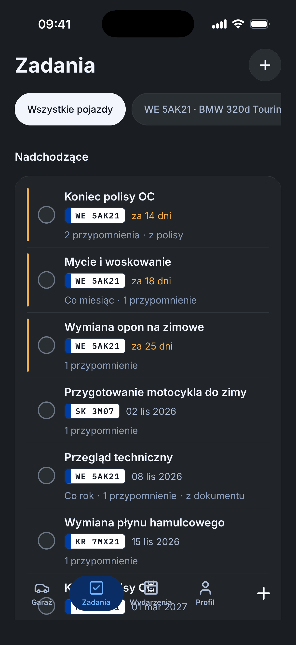 Zadania: nadchodzące terminy OC, przeglądu i wymian dla wszystkich pojazdów